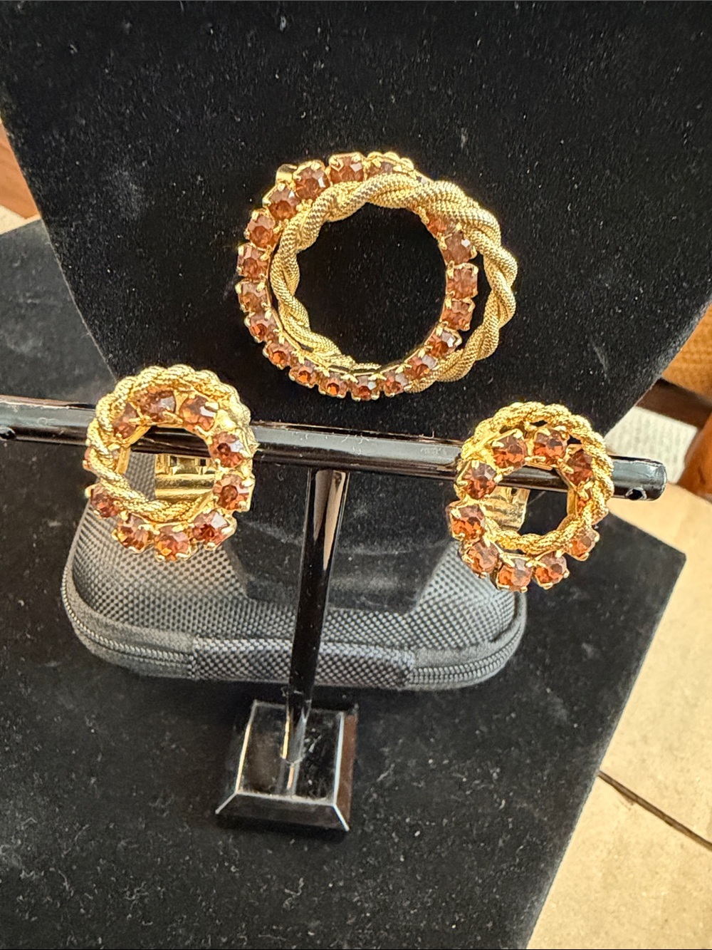 Gold-Tone Circle Brooch and Earring Set with Amber Stones